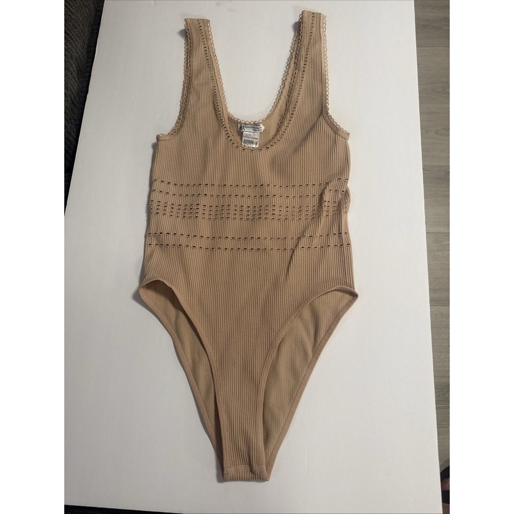 Zara‎ Seamless Tan Stretchy Bodysuit Tank Top Ribbed Pointelle Brown XS/S